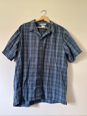 Columbia Blue and Green Plaid Short Sleeve Button-Down Shirt